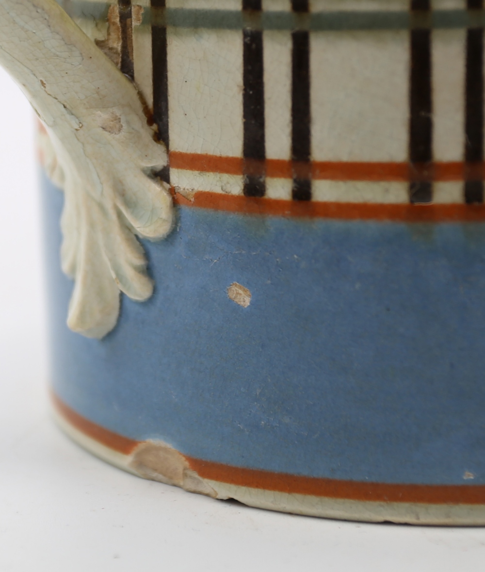 A creamware mug. Quart size with pale blue bands to top and foot rims and narrow orange bands  and - Image 9 of 11
