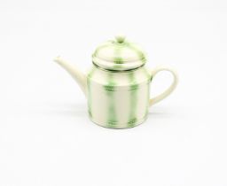 A miniature Creamware Teapot and cover, cream ground with green smudgy stripes. Circa 1780 size