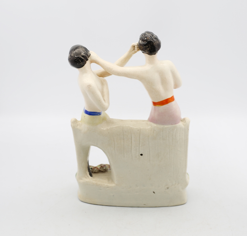 A Victorian Staffordshire pottery figure of Heenan and Sayers, standing on an oval base  titled  ‘ - Image 3 of 6