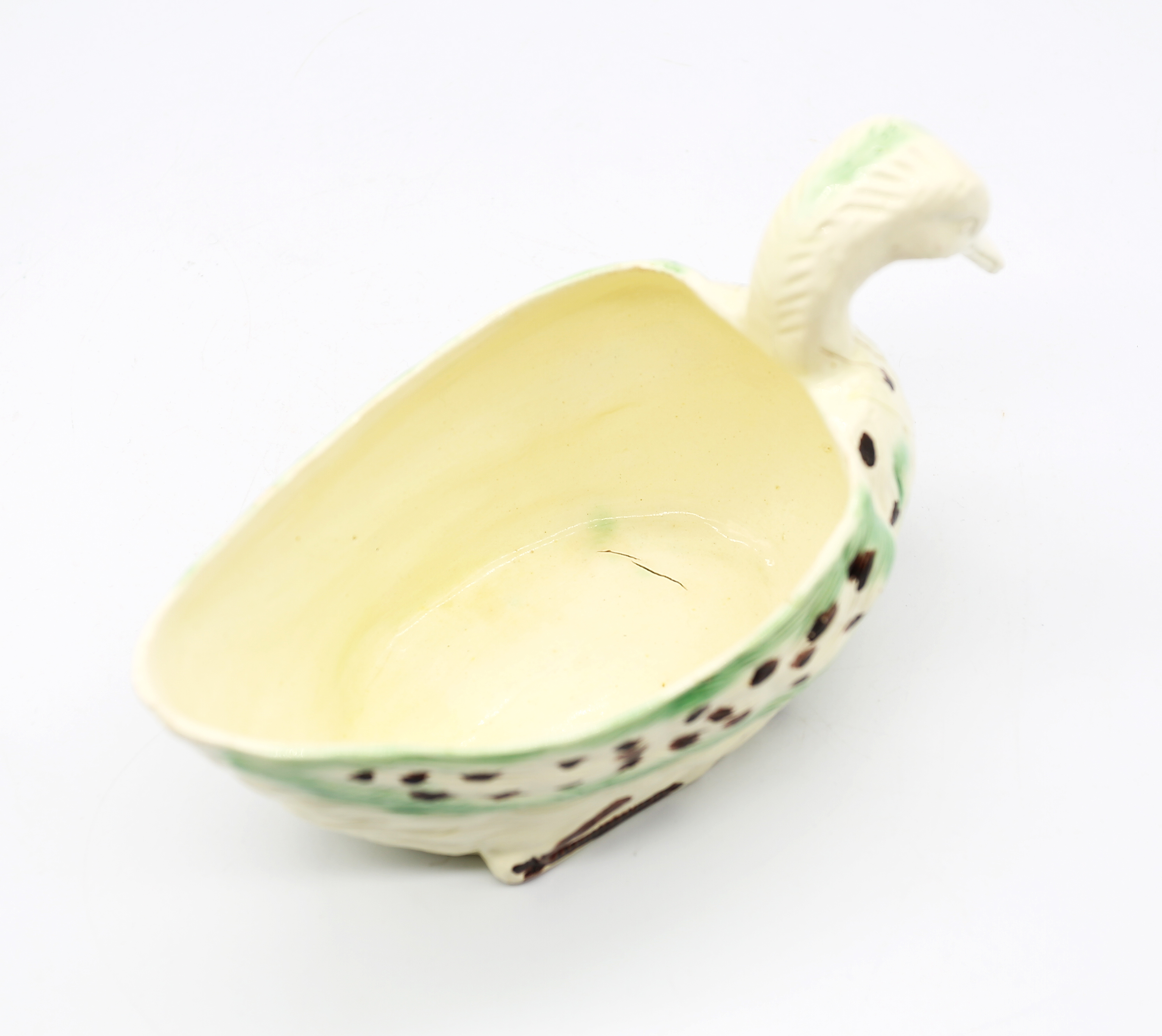 A Staffordshire creamware duck sauce boat decorated in green and brown.  Circa 1780-90 size 19cm x - Image 8 of 13