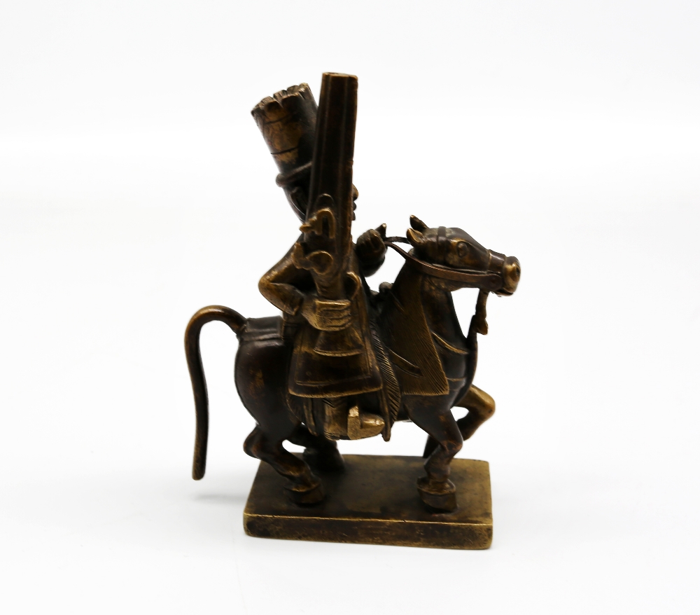 A 19th century Vizagapatam bronze figure of a Carabineer on horse, with flintlock carbine in hand, - Image 2 of 3