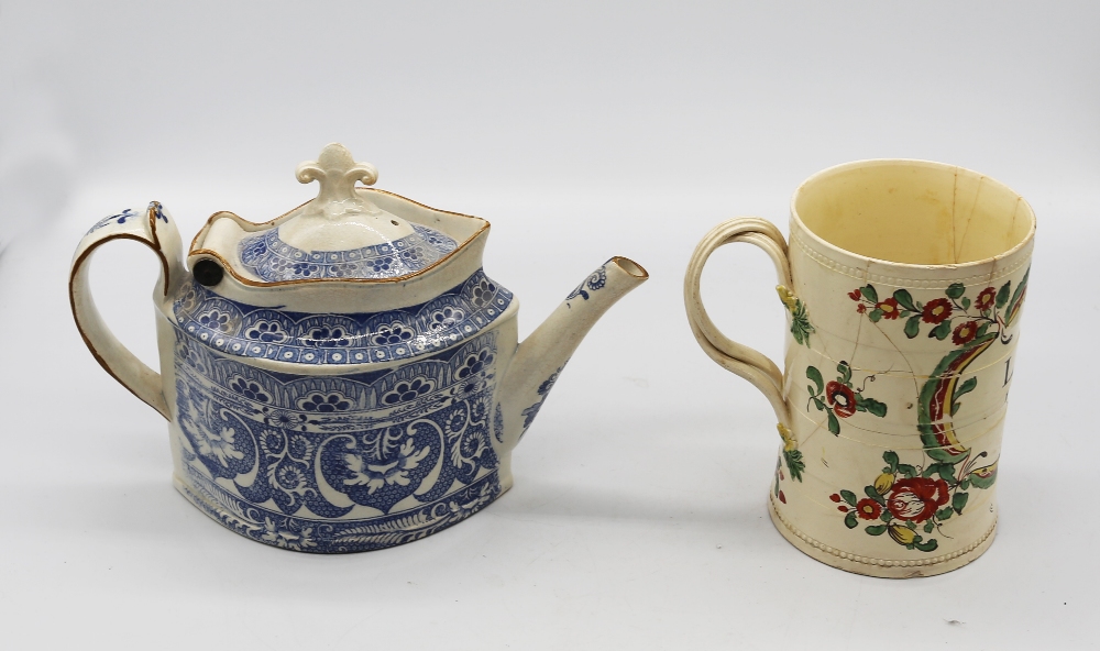 A Leeds creamware mug painted with flower sprays and an inscription LP 1775, with twisted strap - Image 2 of 6