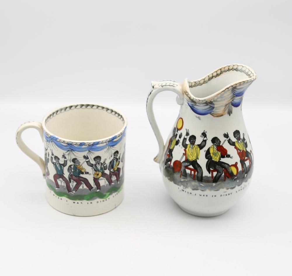 A Staffordshire pottery mug and jug, printed with musicians in a Jazz band with titles. ‘I wish I - Image 3 of 6