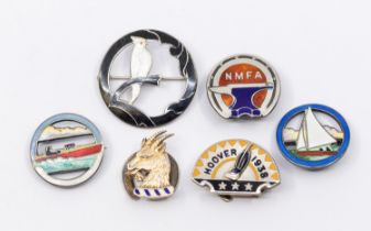 A collection of mixed silver and enamel pin badges to include; a novelty silver and enamel badge