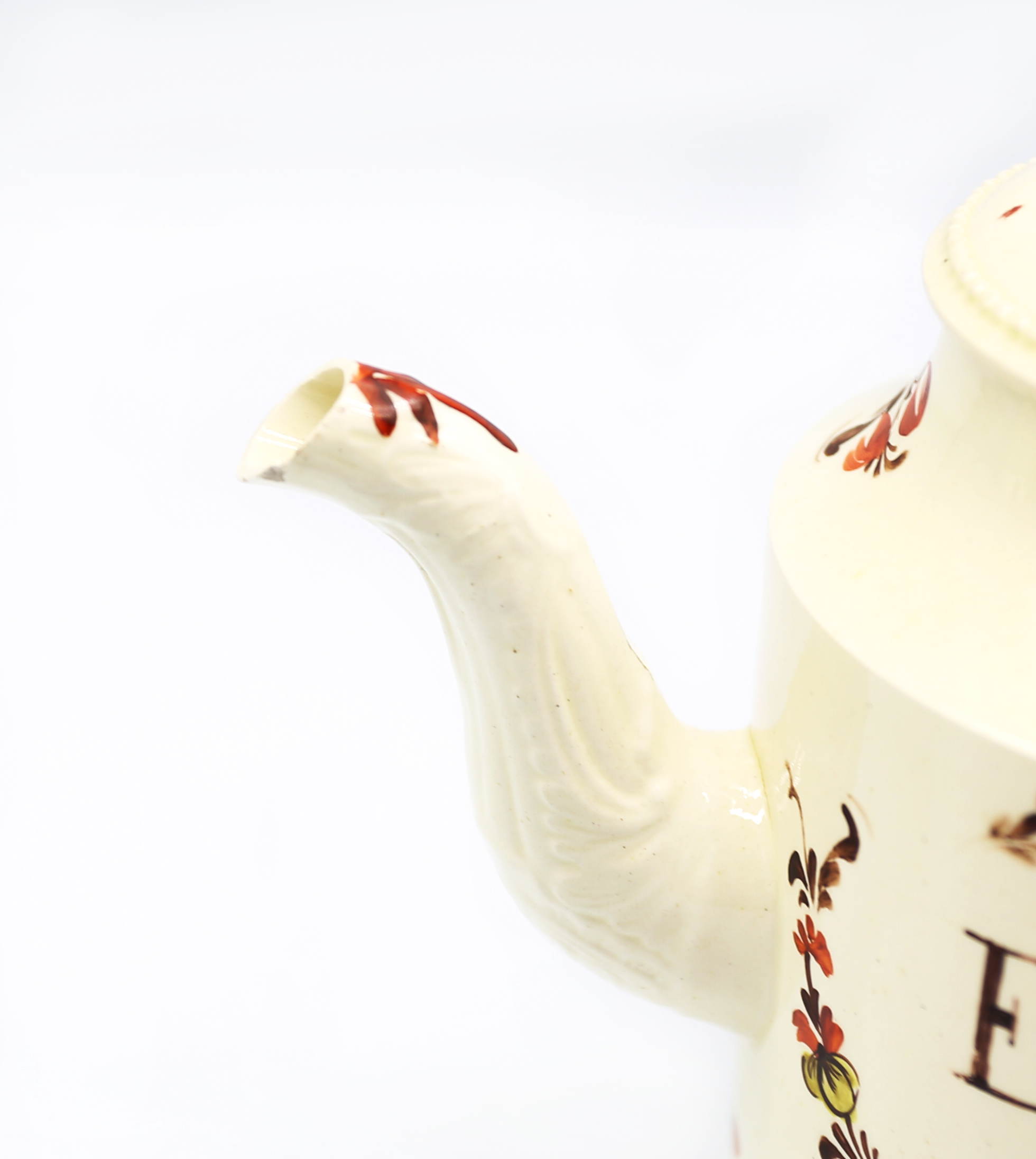 A Staffordshire Creamware William Greatbatch cylindrical teapot and cover, with an ear shaped handle - Image 5 of 15