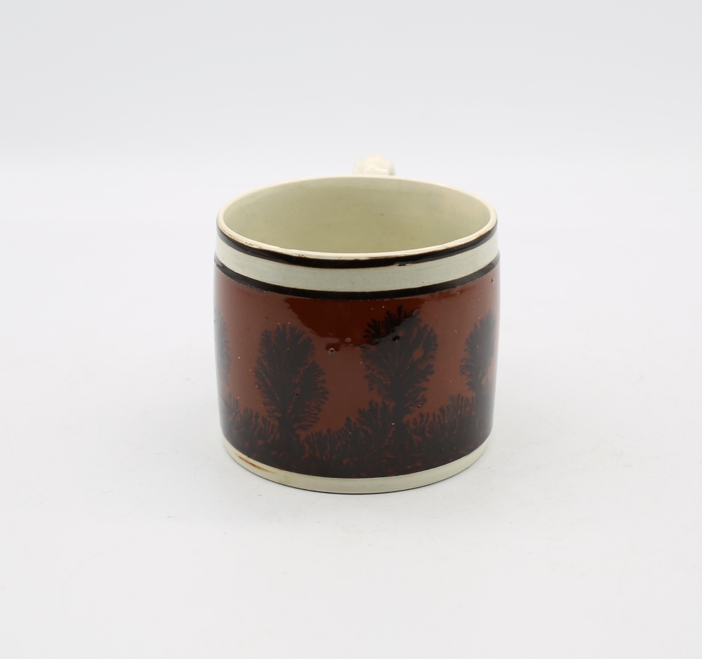 A creamware Mocha mug, dark terracotta ground with back feathered trees and black bands  Circa - Image 2 of 9