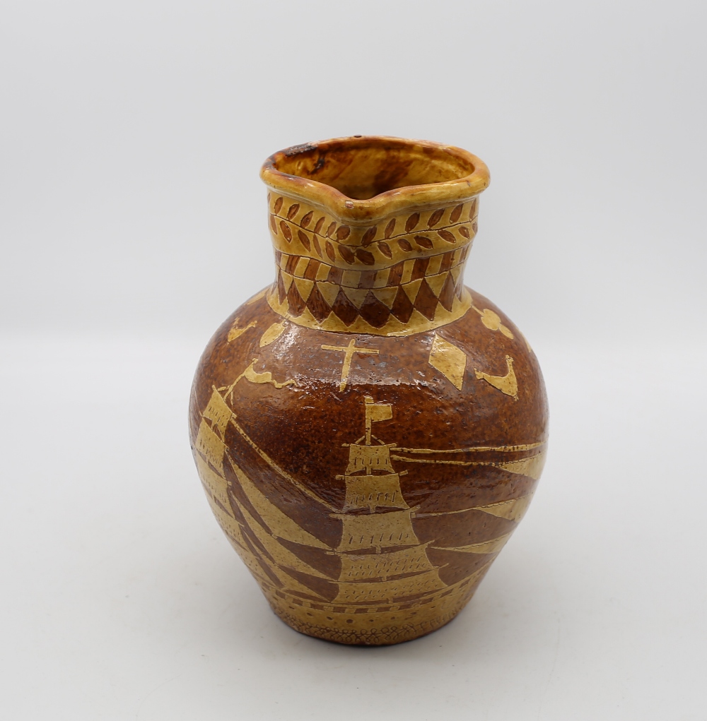 A West Country Red ware jug , decorated in ochre with sailing ships, stars, moon, cockerel, spade - Image 4 of 6