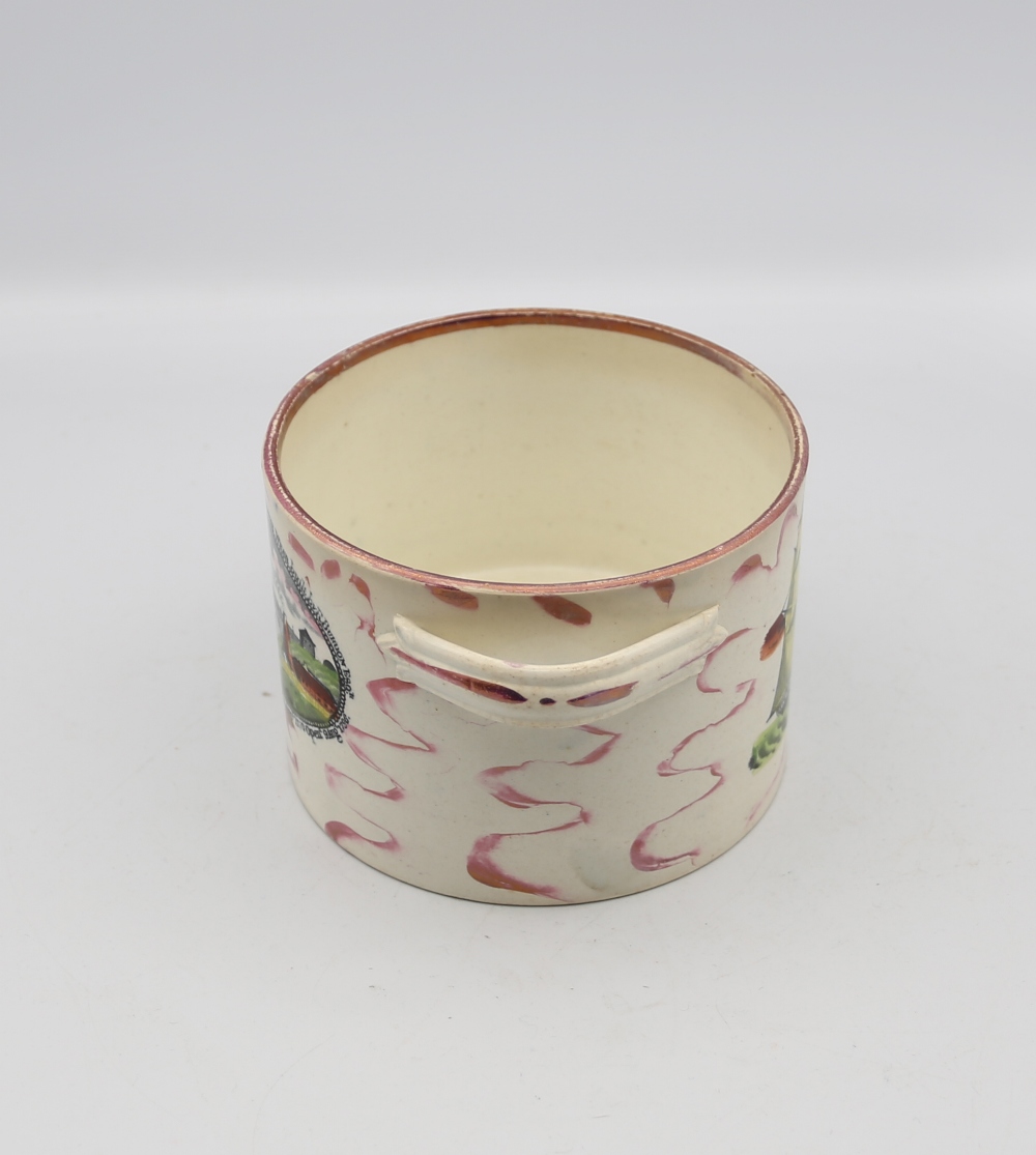 A small collection of pink lustre creamware, including, a twin handled pot, a mug, two jugs and a - Image 15 of 16