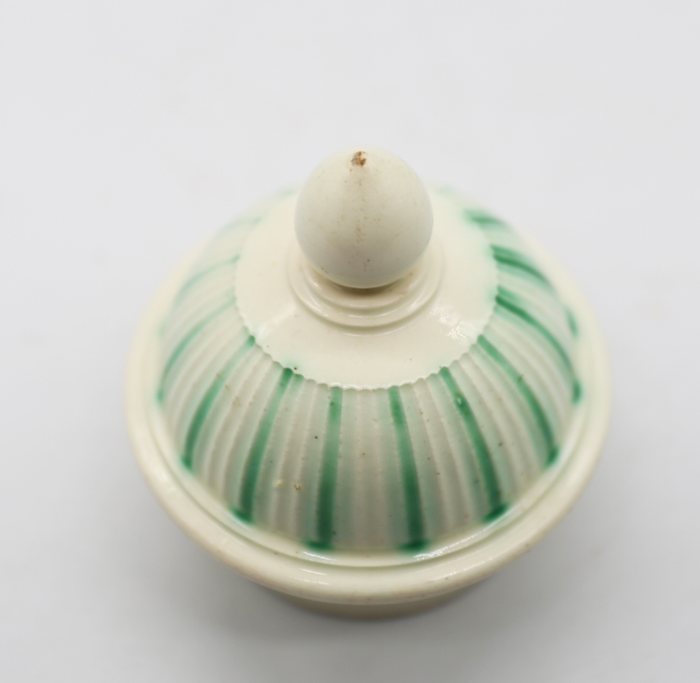A Leeds creamware tea caddy and cover, with a ribbed body decorated  with green stripes  Circa 1775. - Image 5 of 6