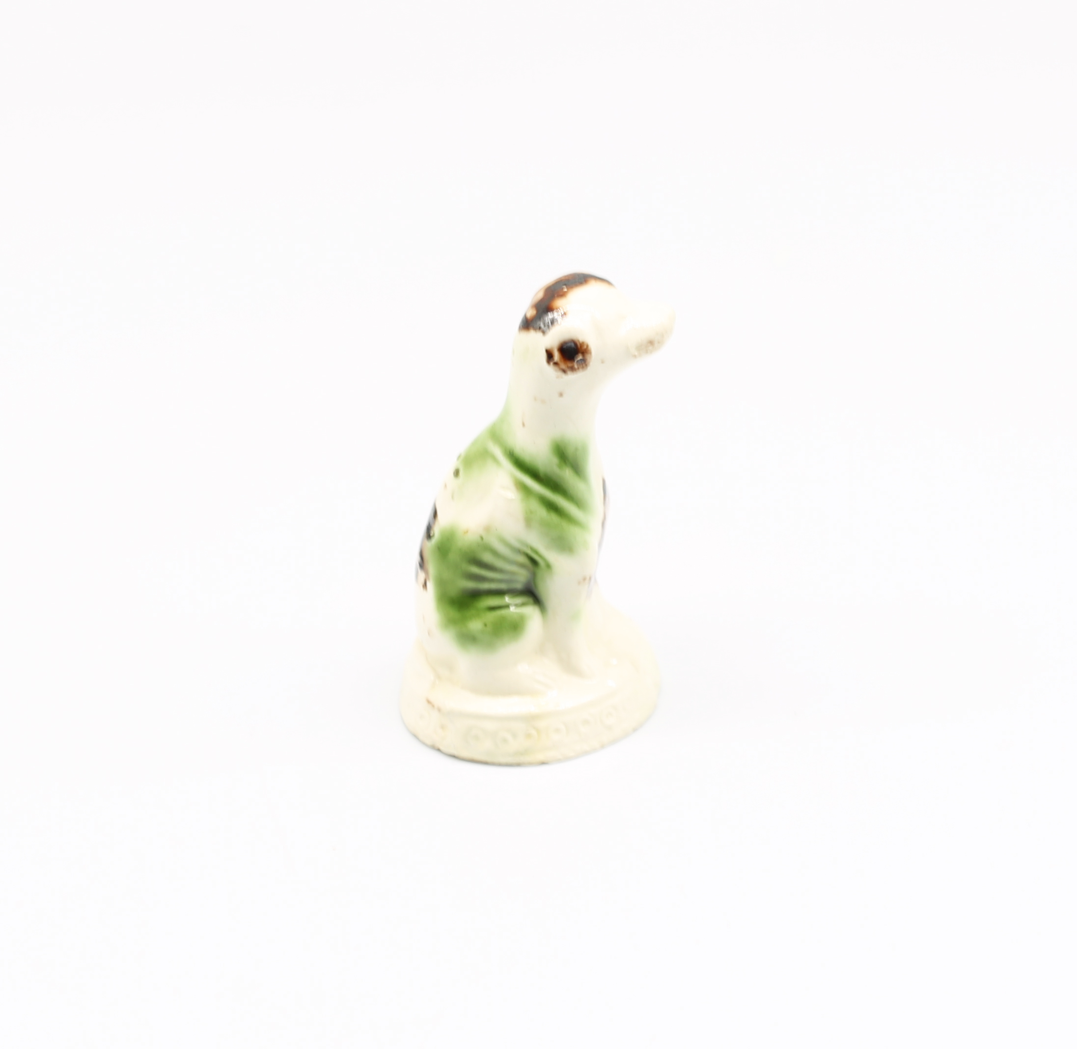 A Staffordshire creamware Whieldon style  model of a seated dog, sponge decorated in shades of green - Image 3 of 6