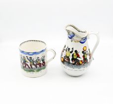 A Staffordshire pottery mug and jug, printed with musicians in a Jazz band with titles. ‘I wish I