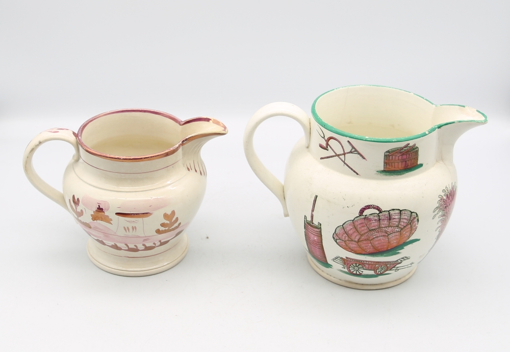 A small collection of pink lustre creamware, including, a twin handled pot, a mug, two jugs and a - Image 4 of 16