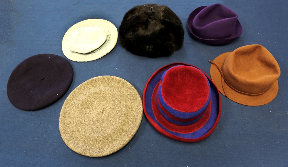 A collection of hats to include: a Jean Muir cloth sun hat (surface marks) 1960s/70s; a Jean Muir