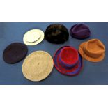 A collection of hats to include: a Jean Muir cloth sun hat (surface marks) 1960s/70s; a Jean Muir