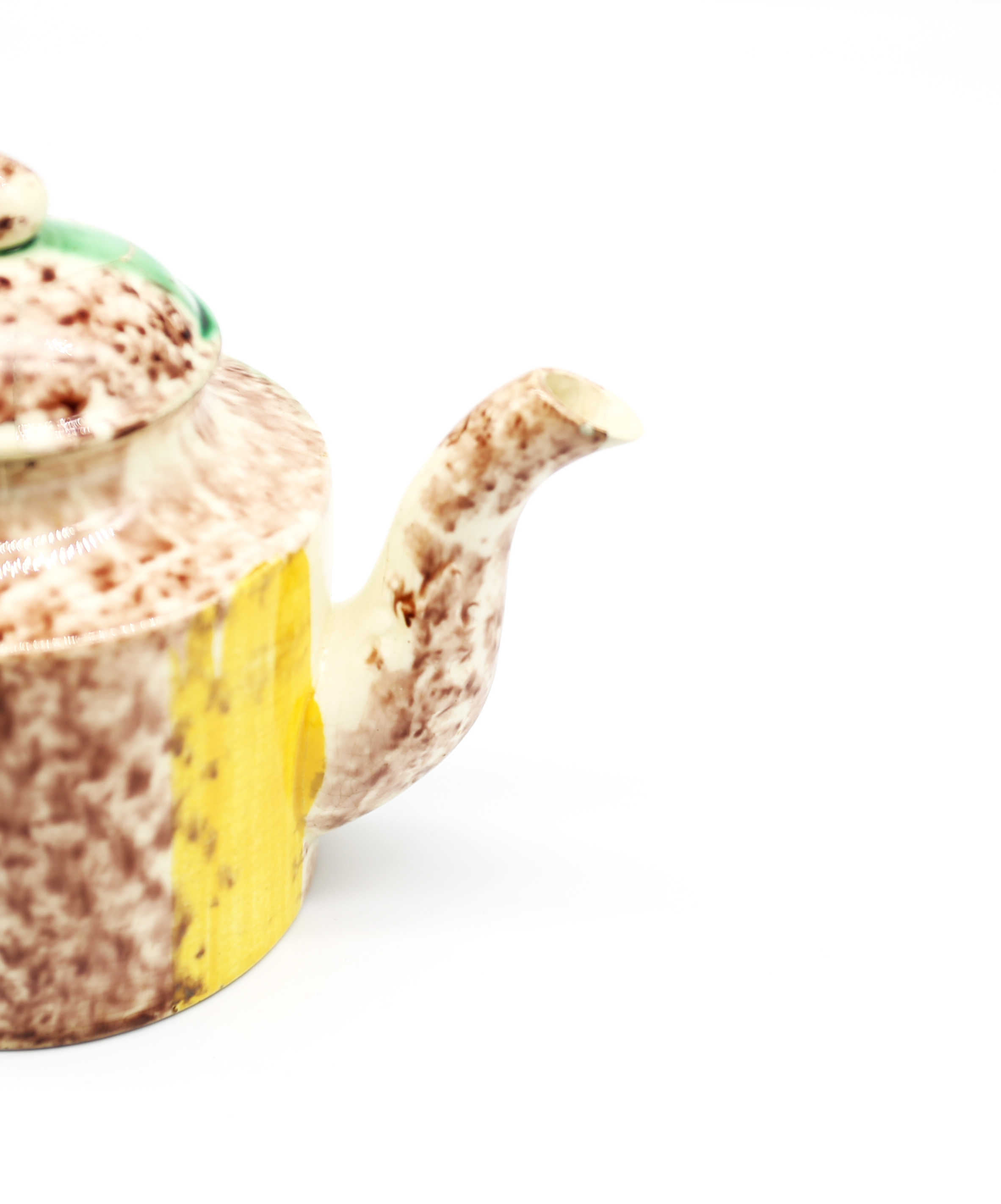 A small cylindrical Whieldon style teapot and cover, sponge decorated in brown, yellow and green - Image 6 of 17