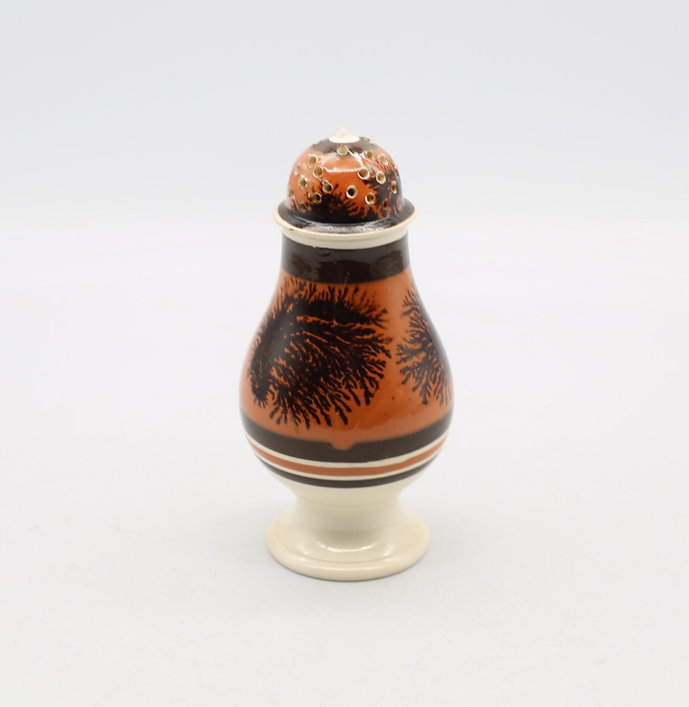 A creamware Mocha caster, dark orange ground, with brown feathered trees and bands.  Circa 1800- - Image 4 of 7