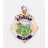 A 9ct gold and enamelled Bradford Cricket League 1908 medal, engraved to the reverse 'Winners Gt