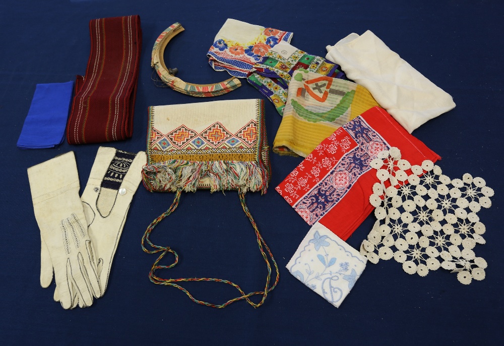 Another small collection of 1930s silk handkerchiefs and a cotton red, white and blue one. A small