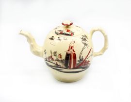 A Leeds creamware globular Teapot and cover, painted with a lady within a landscape, with a crab