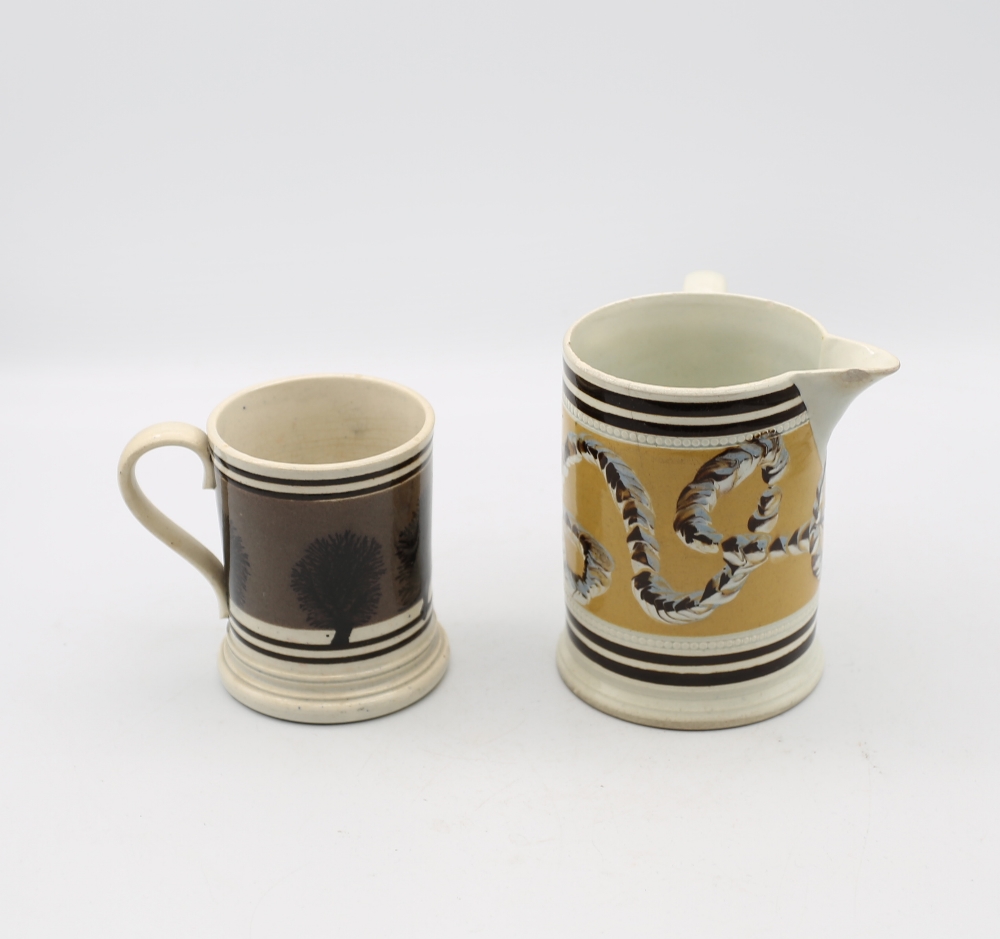 A small Mocha ware mug, grey ground with black feathered trees and black bands, along with a Mocha - Image 3 of 6
