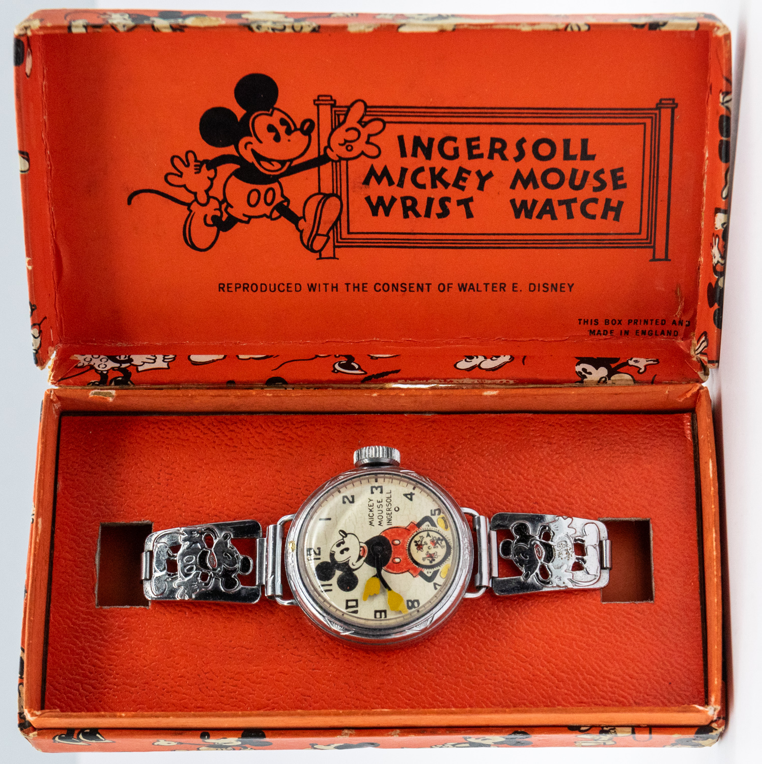 Ingersoll- a Mickey mouse automation wristwatch, with decorative metal strap, in original case - Image 3 of 3