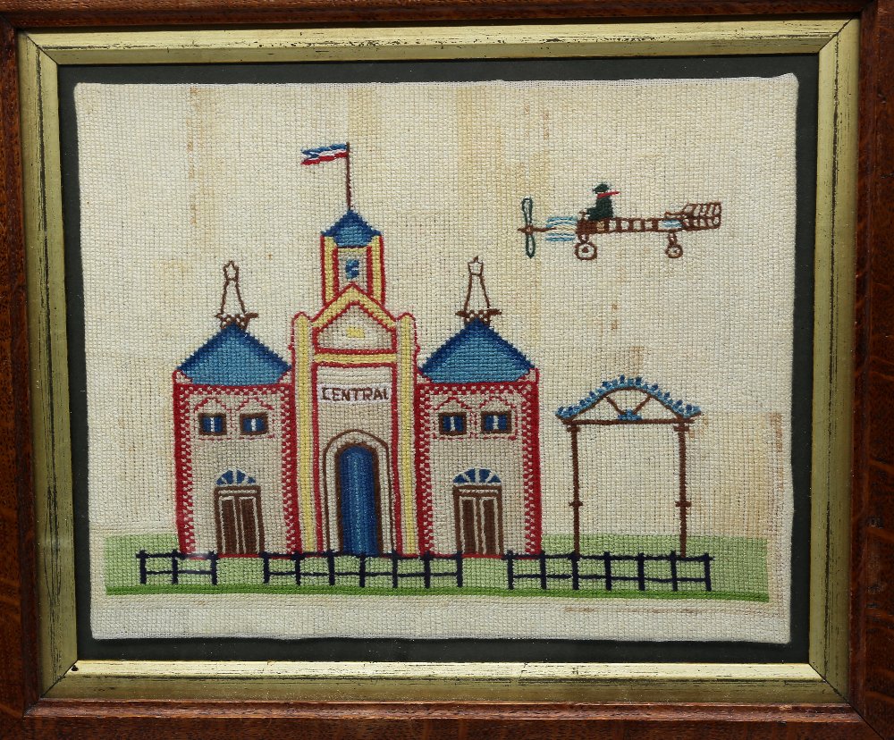 An early 20th Century needlework panel depicting single seater airplane flying over a station titled - Image 2 of 3