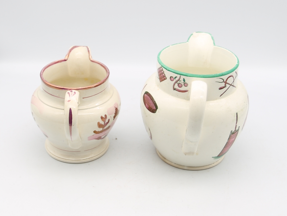 A small collection of pink lustre creamware, including, a twin handled pot, a mug, two jugs and a - Image 3 of 16