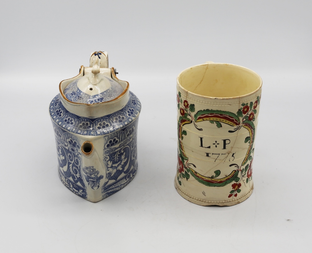 A Leeds creamware mug painted with flower sprays and an inscription LP 1775, with twisted strap - Image 3 of 6