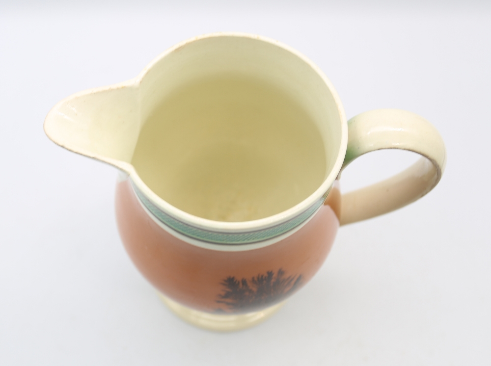 A creamware Mocha footed jug, dark terracotta with black feathered trees and green and brown - Image 5 of 9