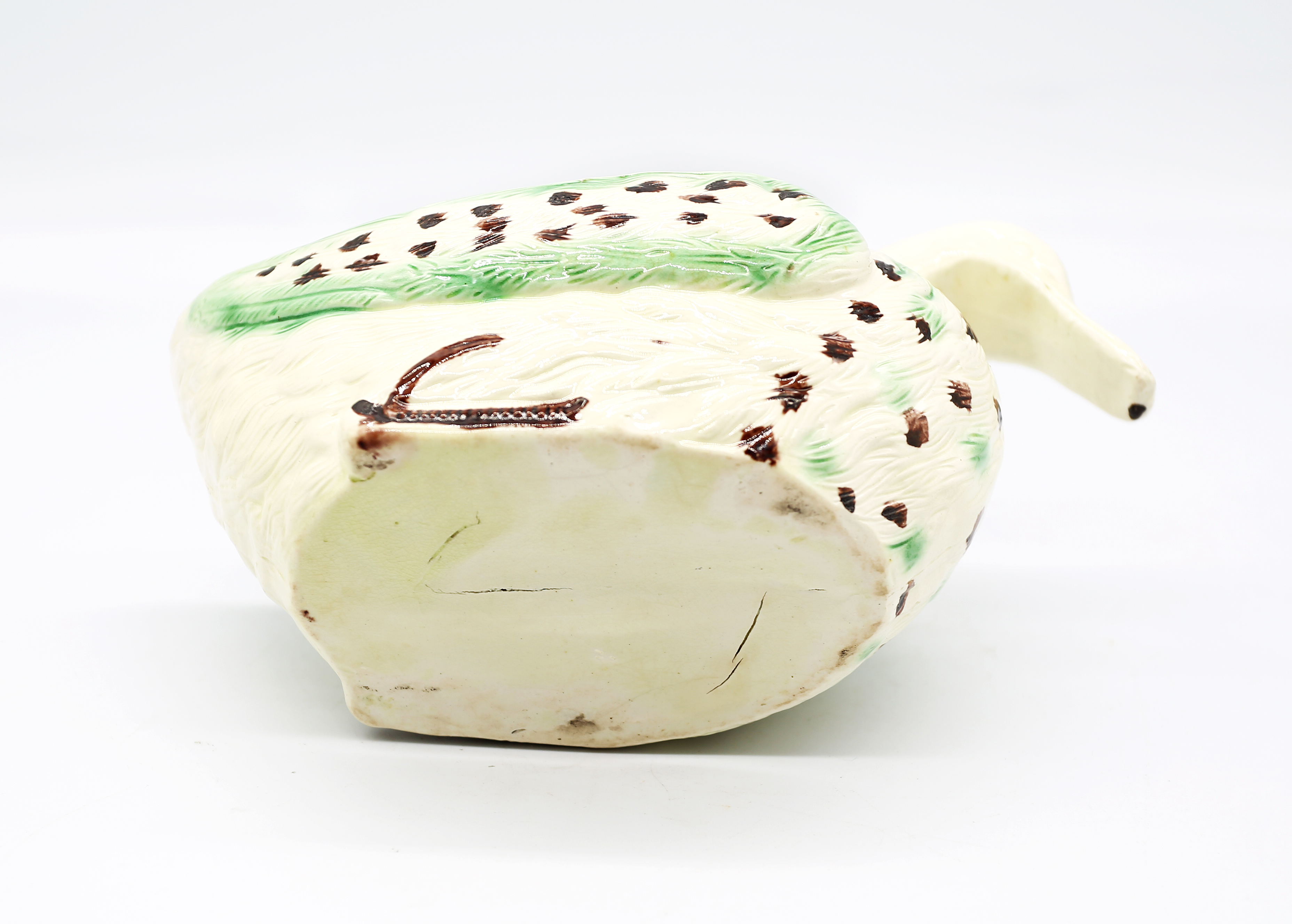 A Staffordshire creamware duck sauce boat decorated in green and brown.  Circa 1780-90 size 19cm x - Image 9 of 13