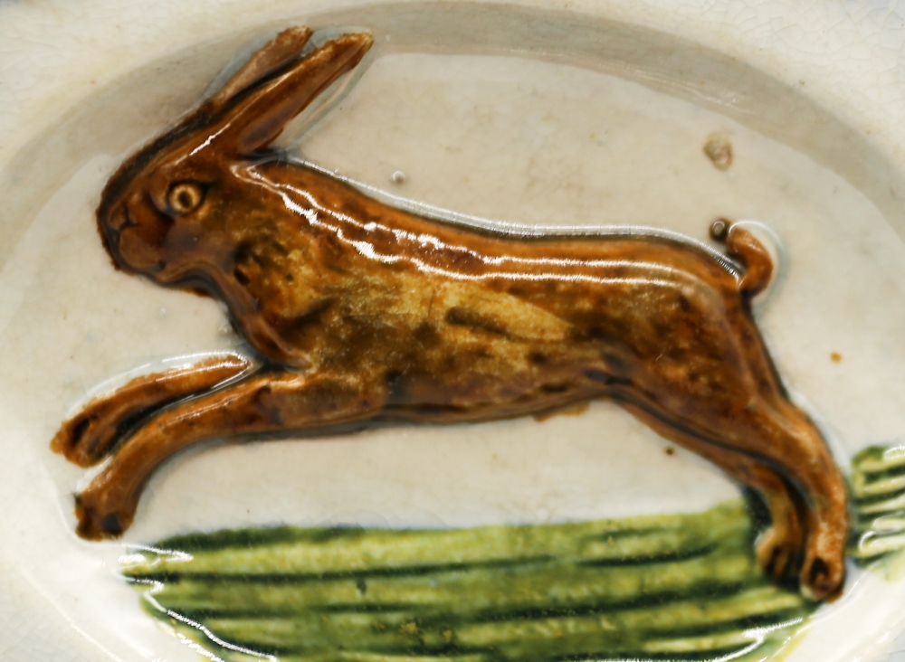 A pearlware ‘Toy’ oval platter with a rabbit moulded in the centre with a blue feather moulded - Image 3 of 8