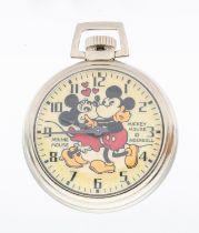 Ingersoll a  'Mickey & Minnie' Mouse automation chrome cased pocket watch, circa 1930's, case approx