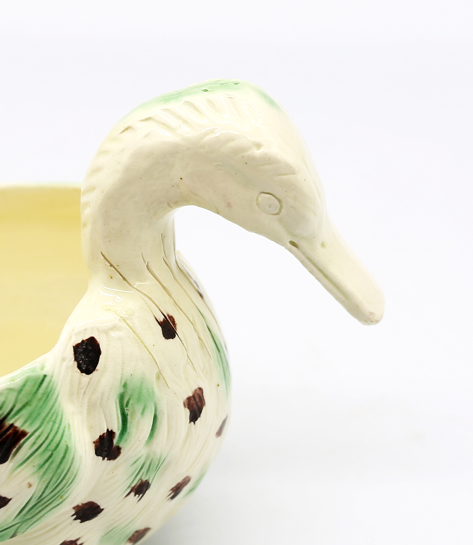 A Staffordshire creamware duck sauce boat decorated in green and brown.  Circa 1780-90 size 19cm x - Image 6 of 13