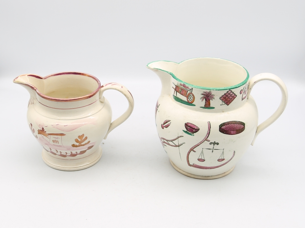 A small collection of pink lustre creamware, including, a twin handled pot, a mug, two jugs and a - Image 2 of 16