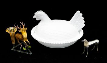 A mid 20th Century Vaseline glass continental egg dish in the style of a chicken, a continental