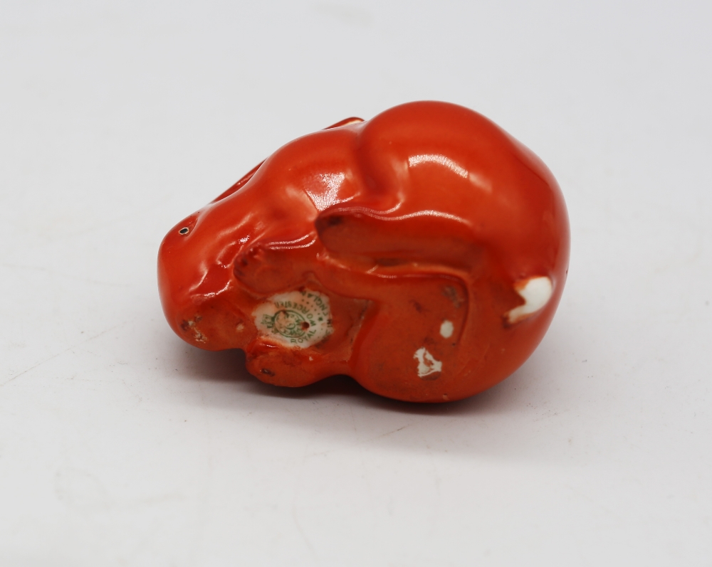 A Royal Worcester netsuke modelled as a Rabbit, orange colourway, circa 1913, with green stamp - Image 3 of 3