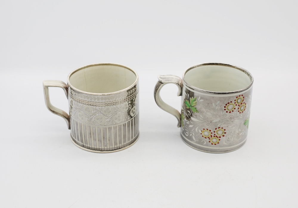 Two silver lustre mugs. One with yellow flowers and green leaves and an engine turned mug with - Image 3 of 6