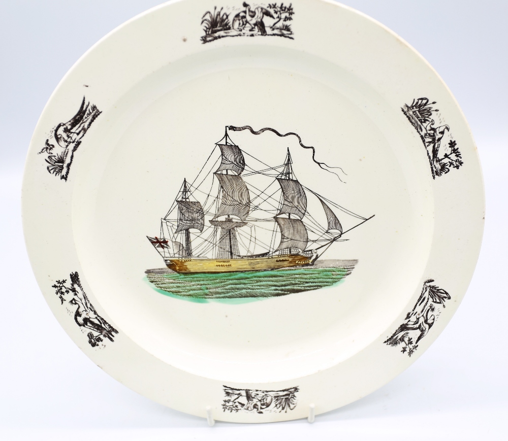 A late 18th century creamware plate, Liverpool, with a print of a war ship and birds printed in - Image 2 of 7