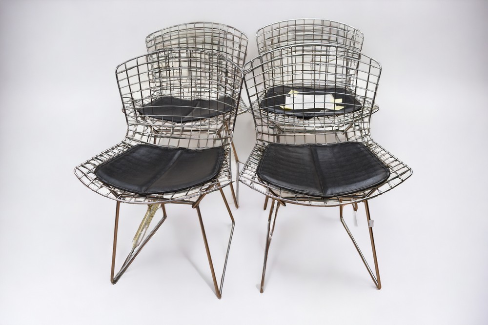 Harry Bertoia, for Knoll, a set of four chrome mesh chairs, complete with leather pads