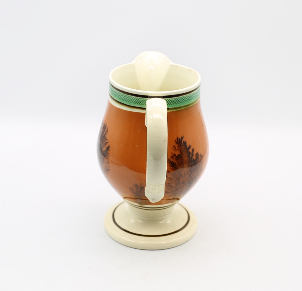 A creamware Mocha footed jug, dark terracotta with black feathered trees and green and brown - Image 2 of 9