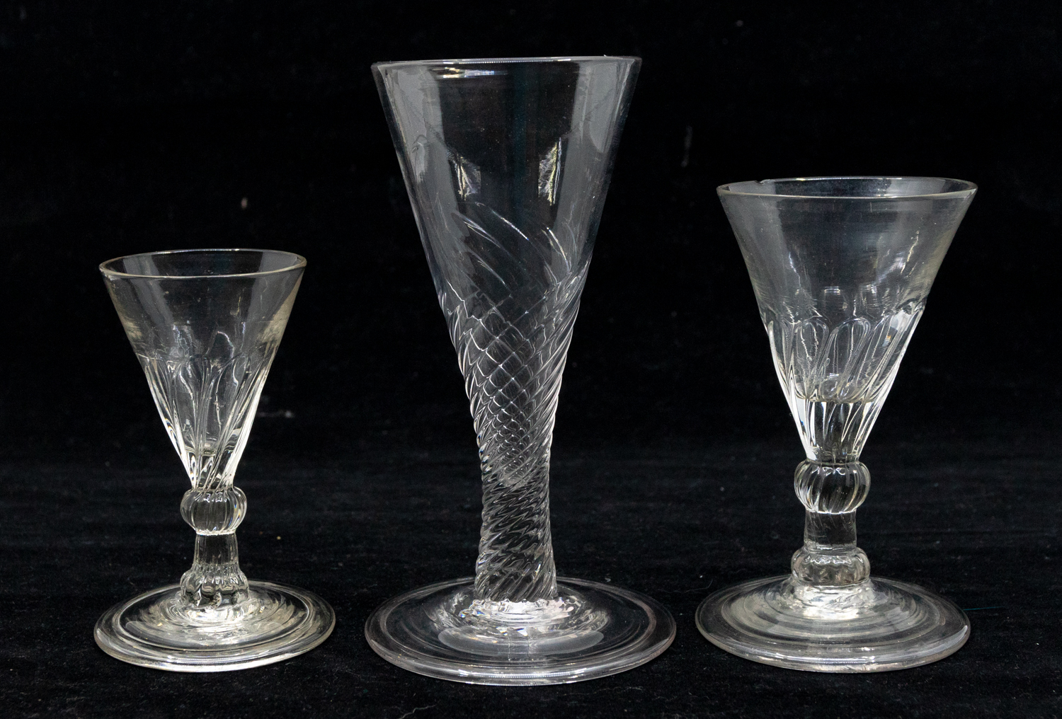 Three late 18th Century cordial glasses, twist stems, funnel bowls on round bases. - Image 3 of 5