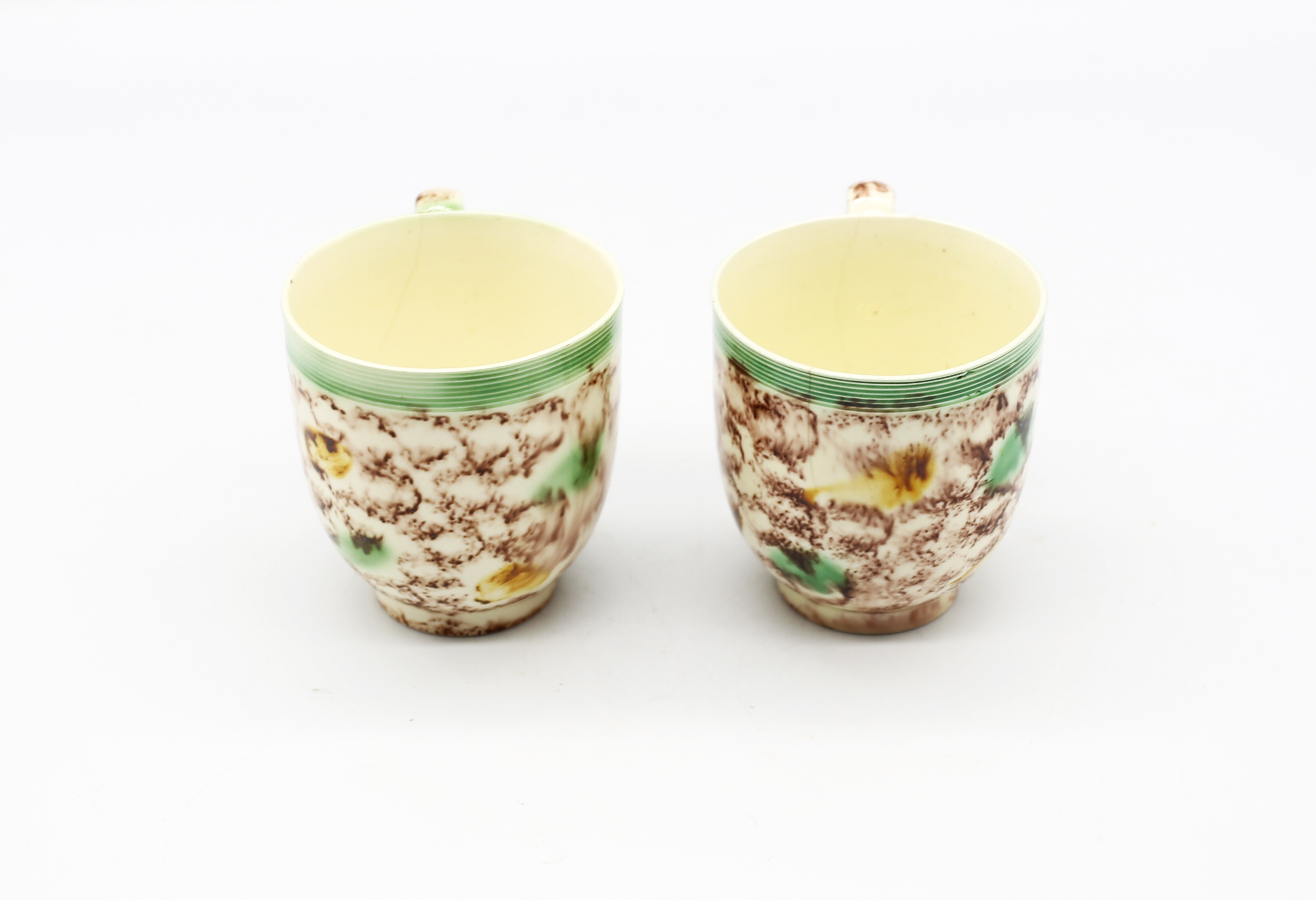 Two Whieldon style creamware coffee cups decorated in copper manganese and yellow.  Circa 1770. - Image 4 of 14