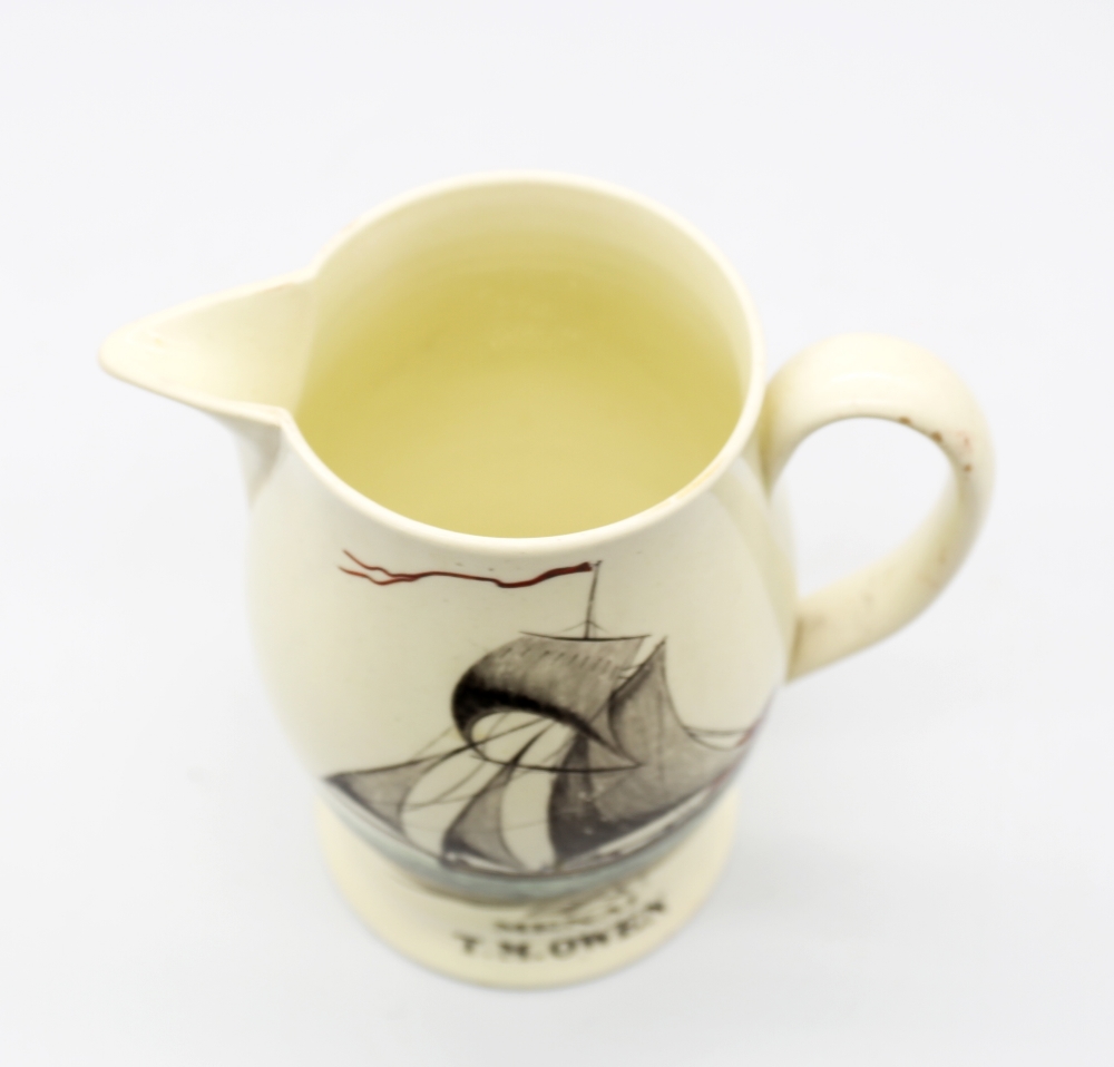 A Liverpool creamware jug, black transfer printed depicting a three masted sailing ship with the - Image 8 of 11