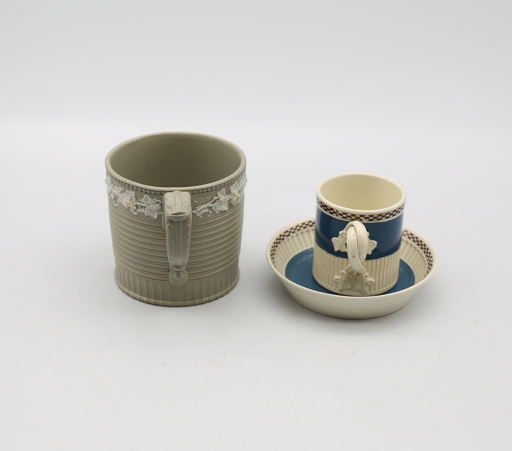 A Drabware sprigged mug, grey ground with grape and vine sprigging, along with a Mocha ware coffee - Image 2 of 6