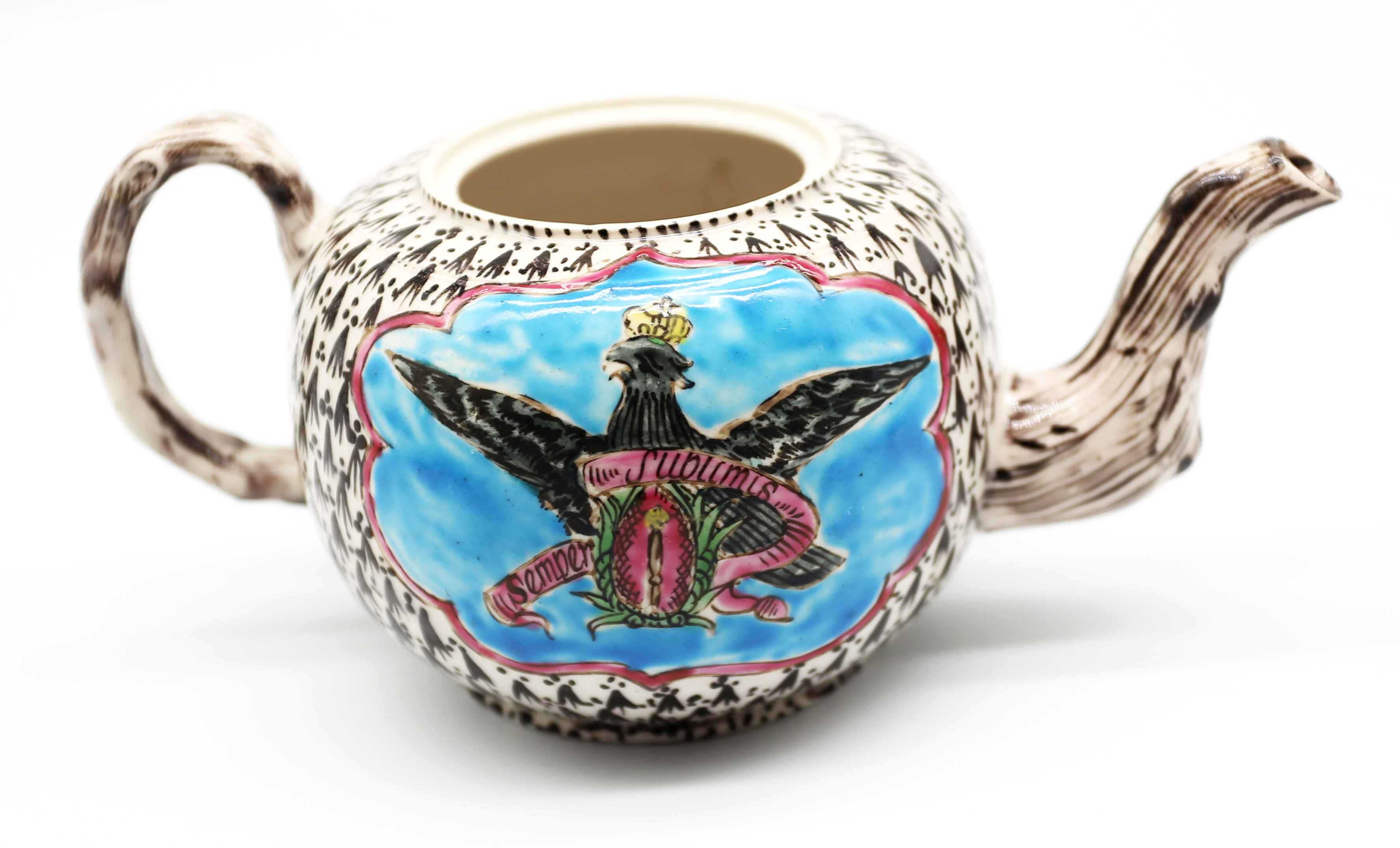 A Staffordshire salt glaze globular teapot and cover with a crab stock handle and spout. - Bild 13 aus 14