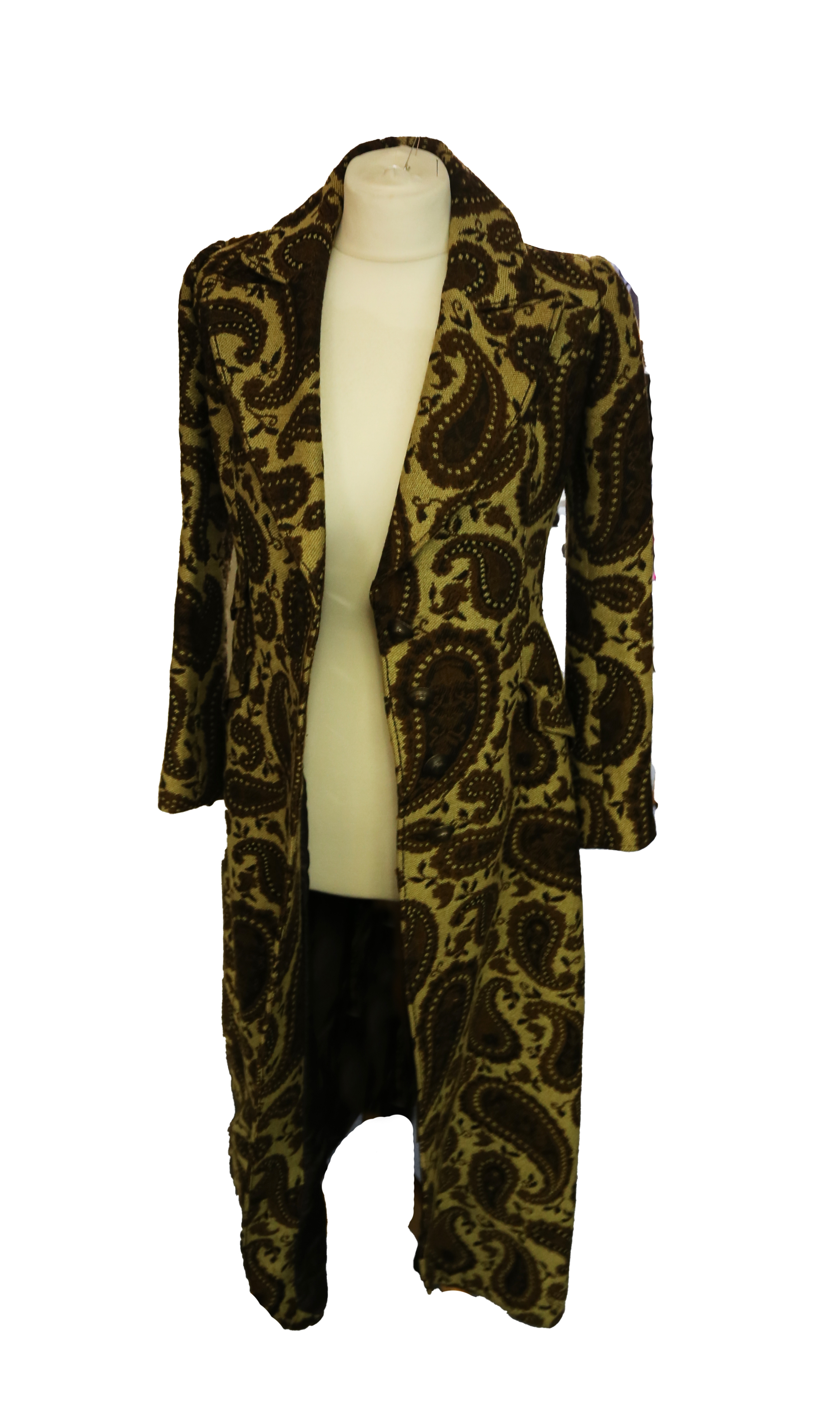 A 1970s wool-work/tapestry winter coat: the maxi coat is in a foliage and scroll pattern on a