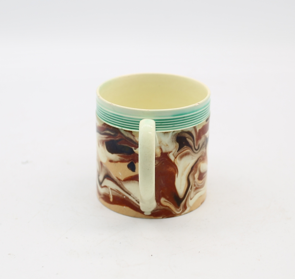 A small creamware cylindrical coffee can, with coloured marbled decoration, with a green ribbed band - Image 2 of 7