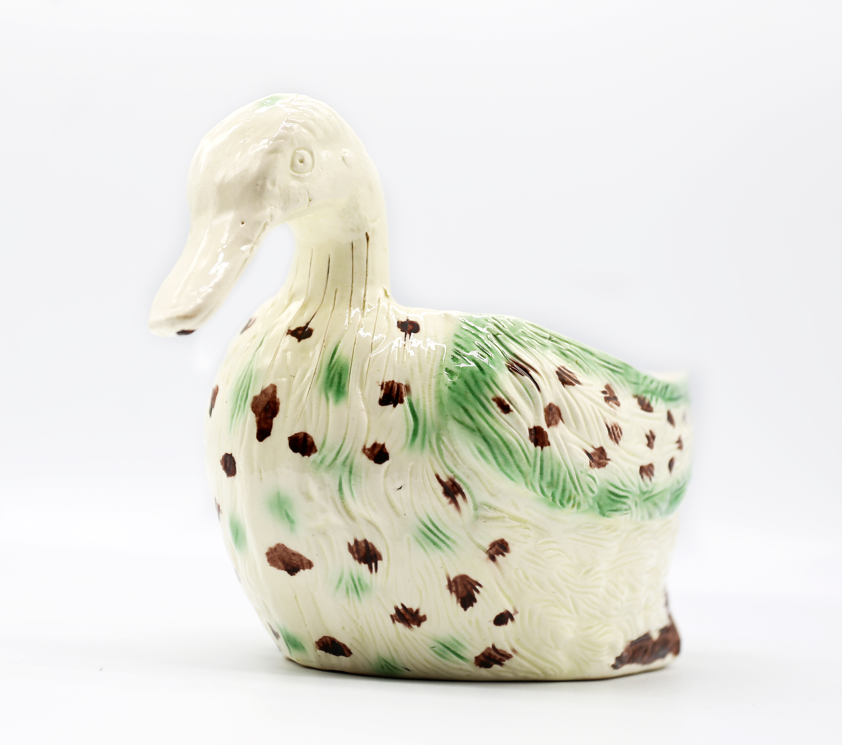 A Staffordshire creamware duck sauce boat decorated in green and brown.  Circa 1780-90 size 19cm x - Image 3 of 13