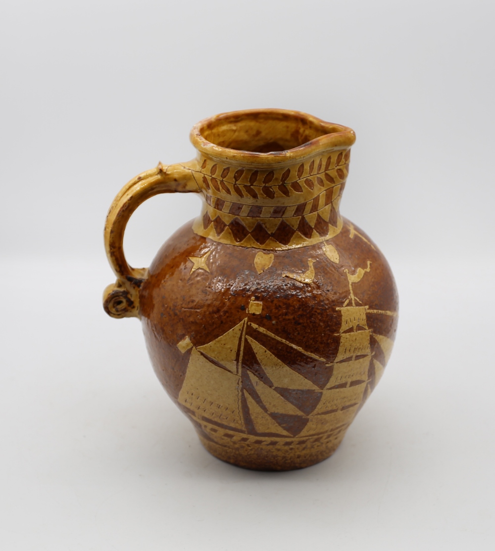 A West Country Red ware jug , decorated in ochre with sailing ships, stars, moon, cockerel, spade - Image 3 of 6