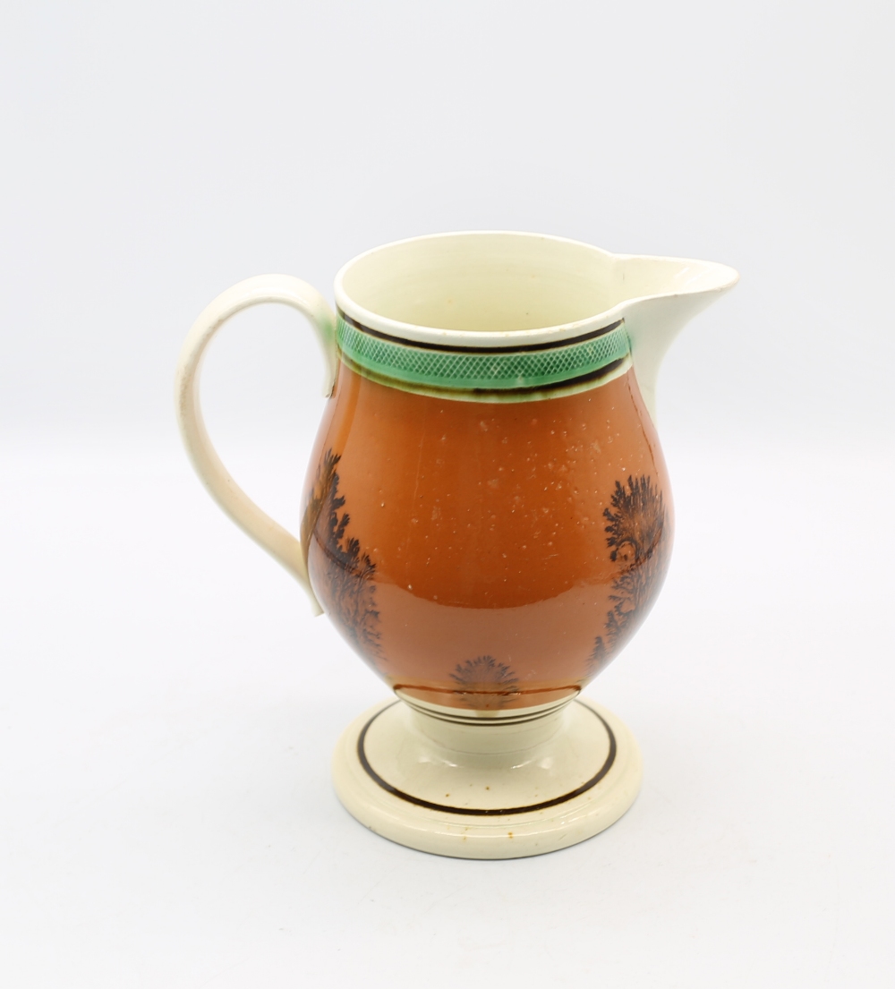 A creamware Mocha footed jug, dark terracotta with black feathered trees and green and brown - Image 3 of 9